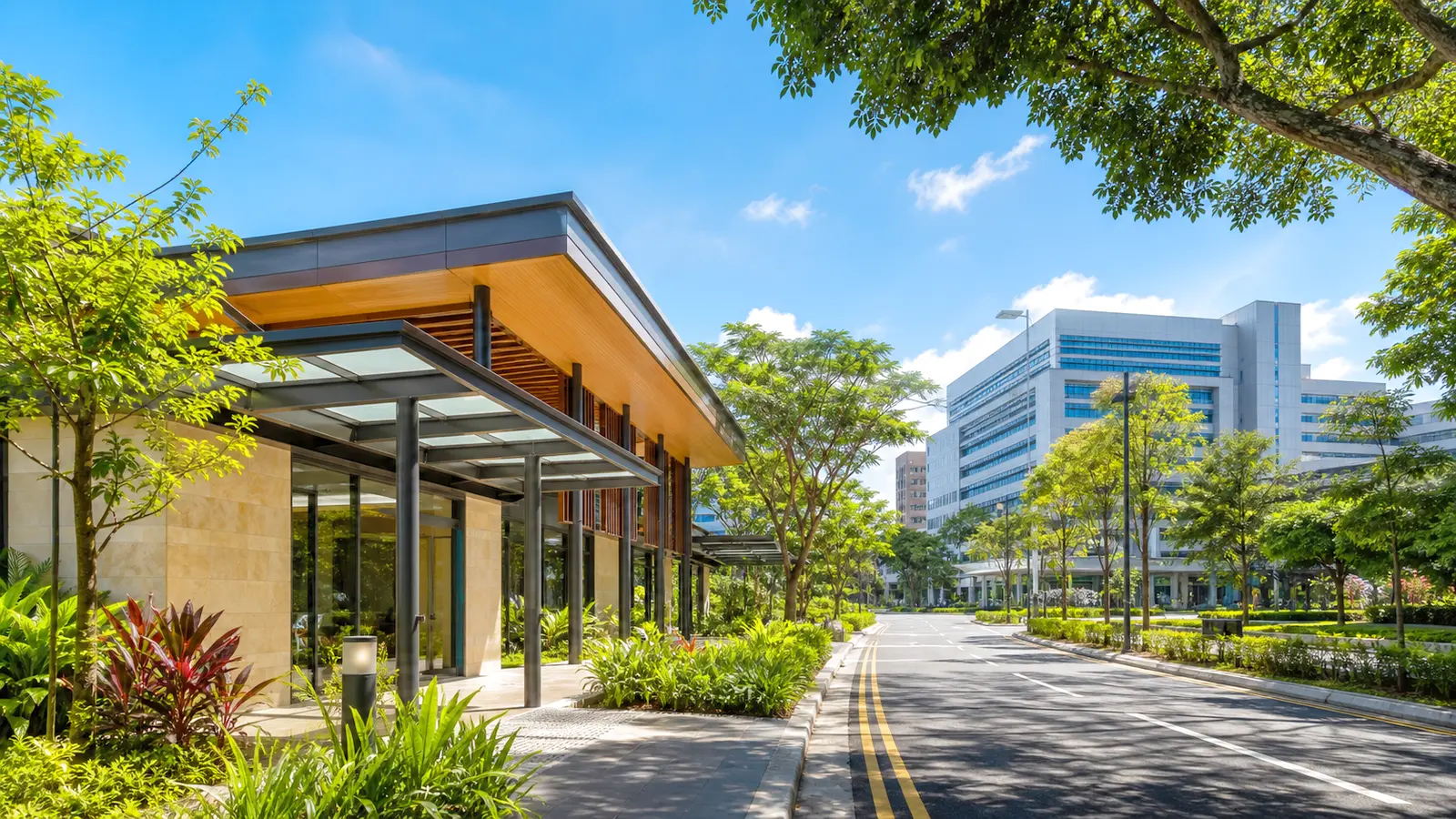 Bright Singapore healthcare district places a compact neighborhood clinic along a tree-lined street with a larger hospital campus in the distance