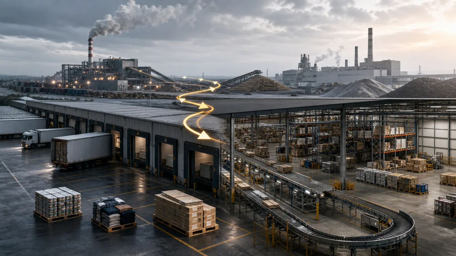 Demand signal moves from loading bays through warehouse and conveyor toward production sites