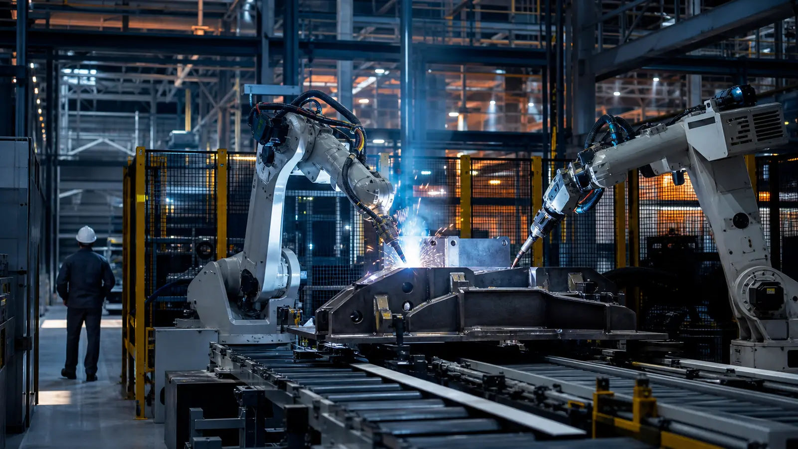 Two industrial robots weld a large metal component inside a guarded production cell