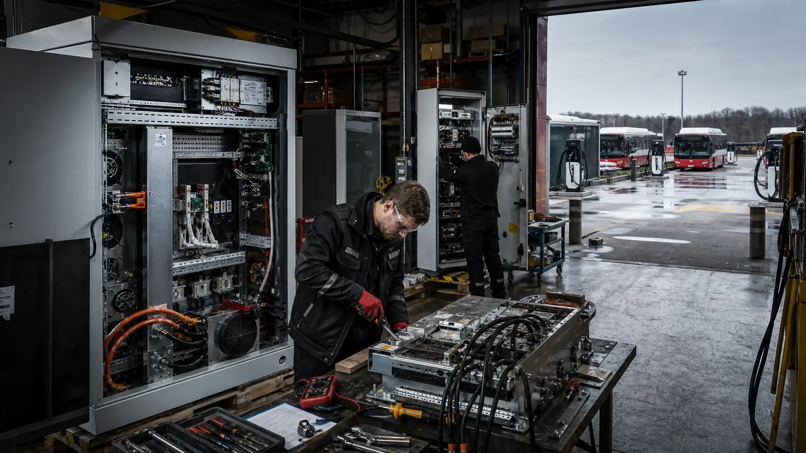 Technicians assemble power modules for charging stations beside an electric public-transport depot