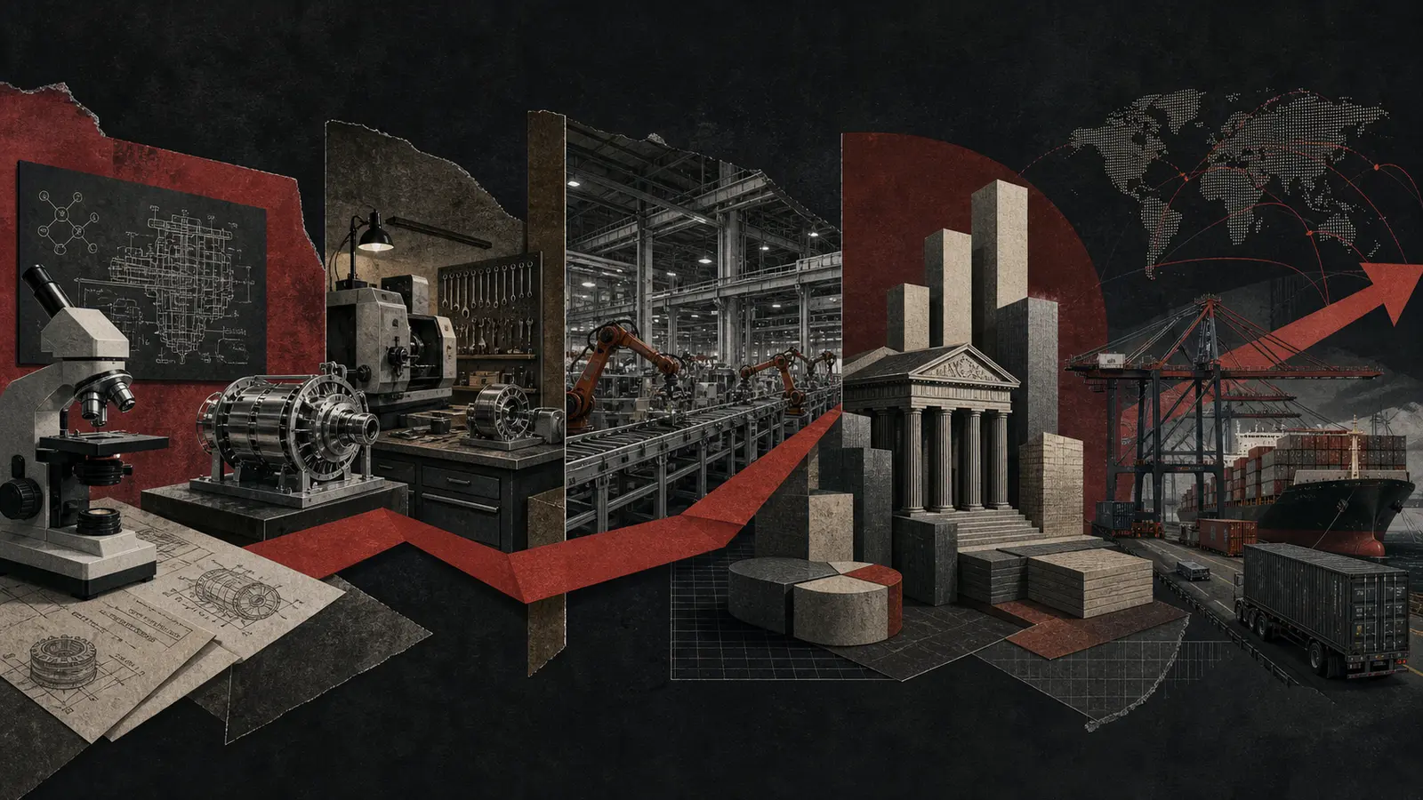 Editorial collage traces technology from a laboratory prototype through manufacturing and finance to an export terminal