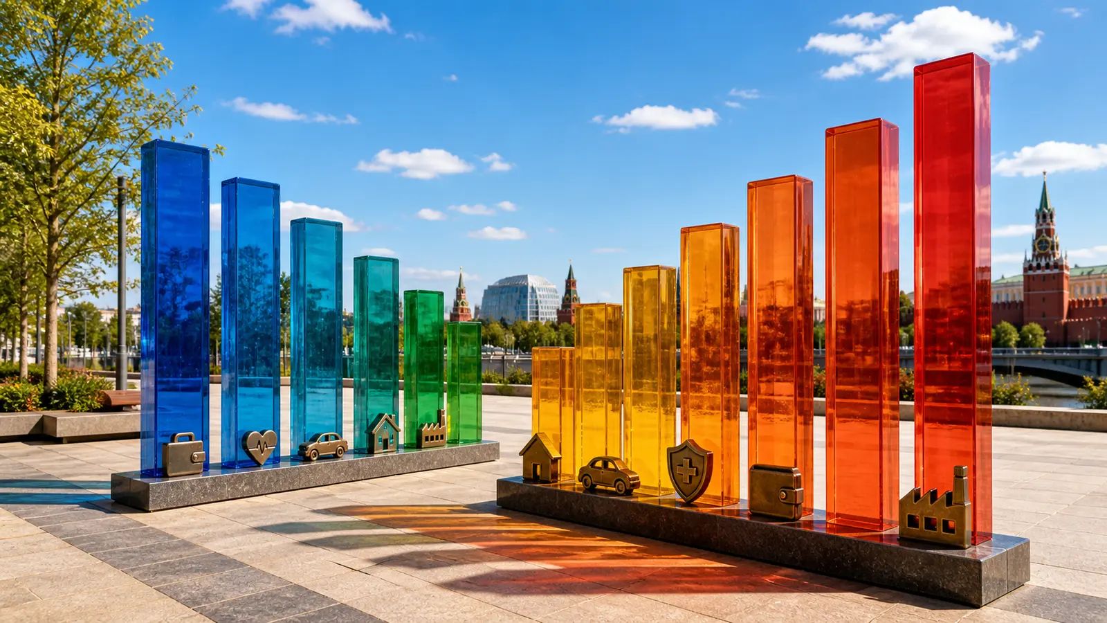 Sunlit Moscow plaza with two sequences of colored glass columns representing changing insurance segments