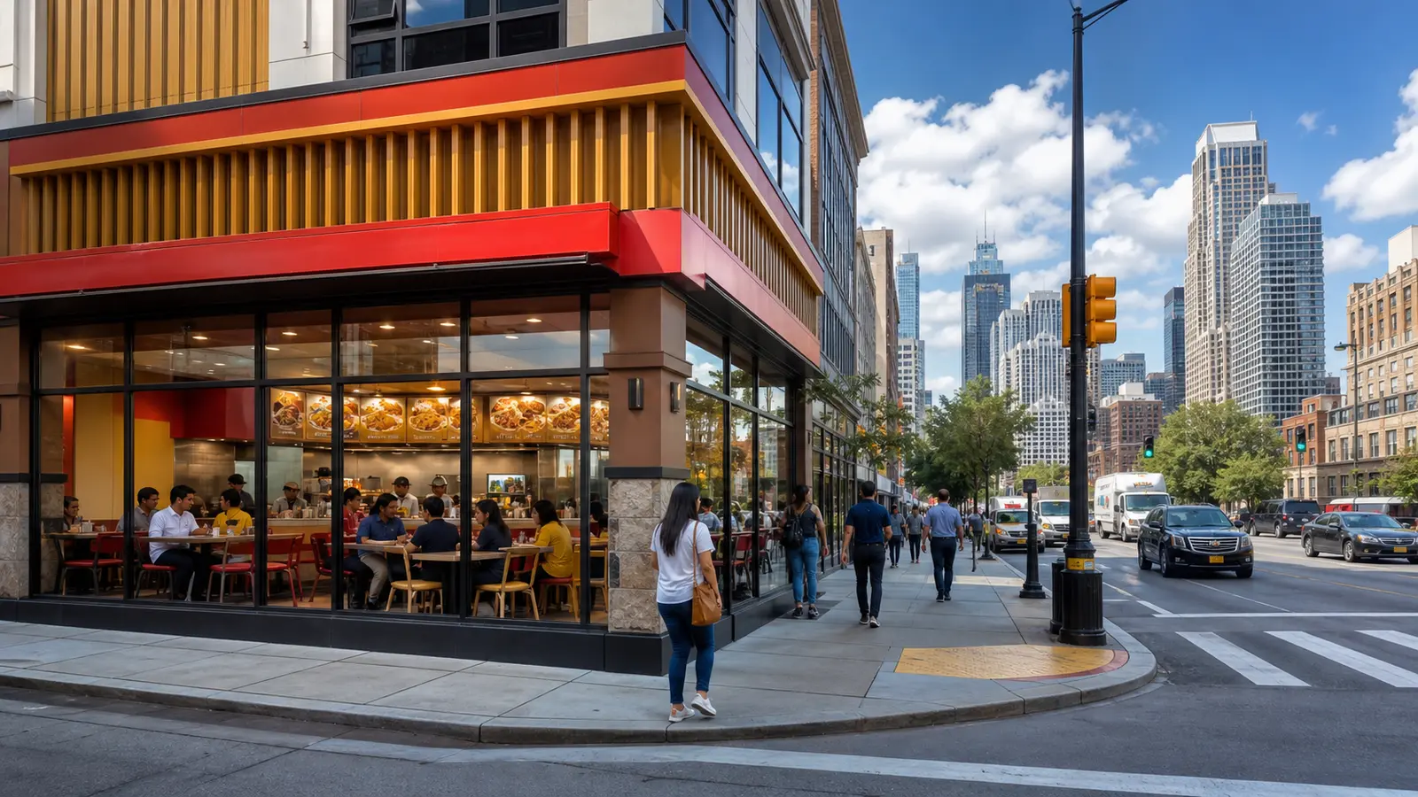 A bright unbranded quick-service restaurant on a sunny North American city corner leads toward a distant financial district