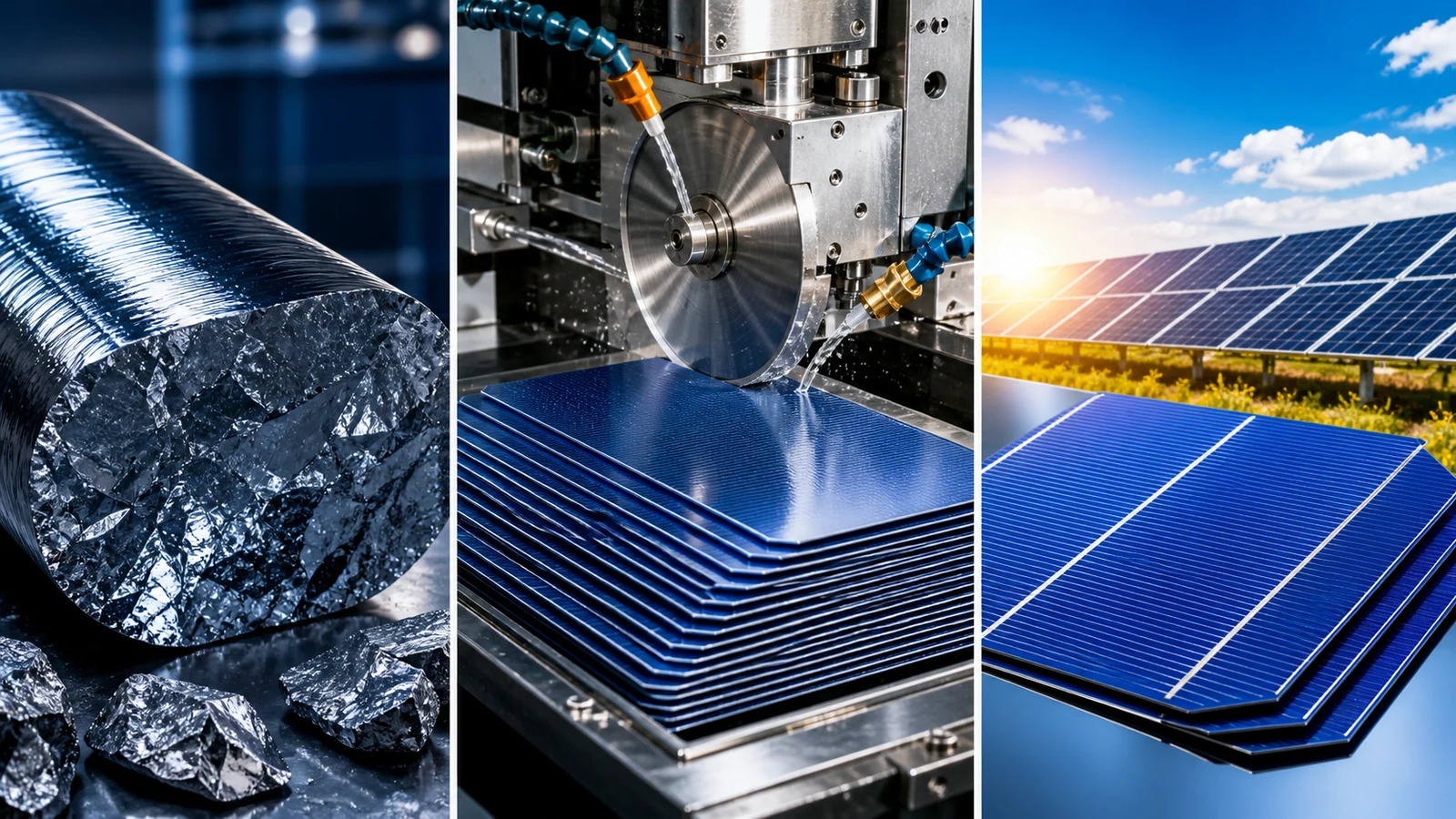 A bright three-panel composition shows a monocrystalline silicon ingot, thin blue wafers and completed solar cells under daylight