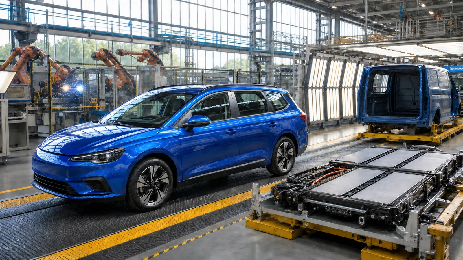 A cobalt-blue electric estate car leaves a daylight-filled assembly line beside a battery pack and commercial body shell