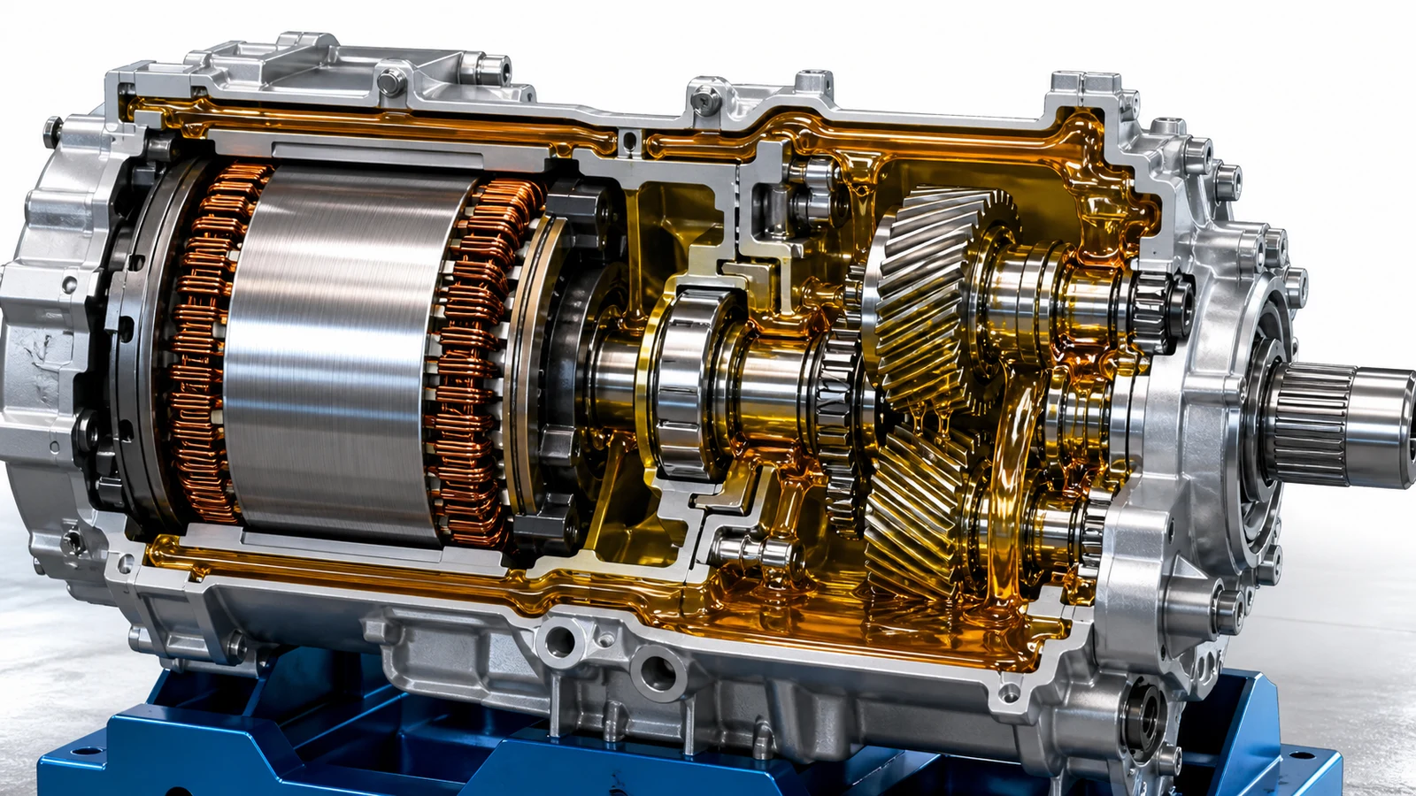 A bright cutaway view of an electric-car reduction drive shows amber transmission fluid moving around gears and motor components