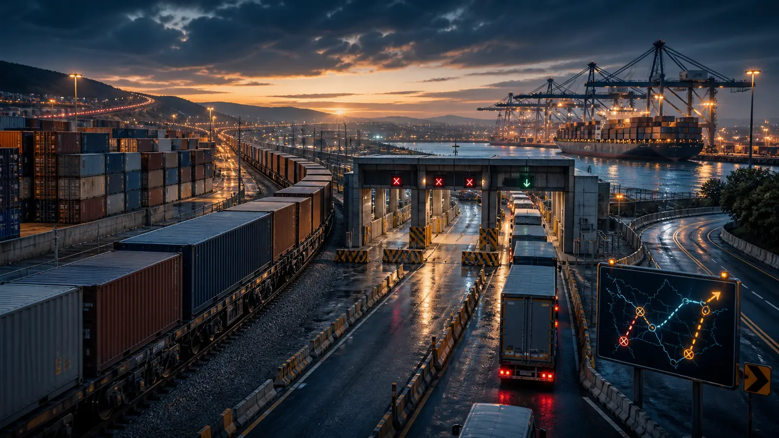 Freight train, trucks and container ship converge on a constrained clearance gateway