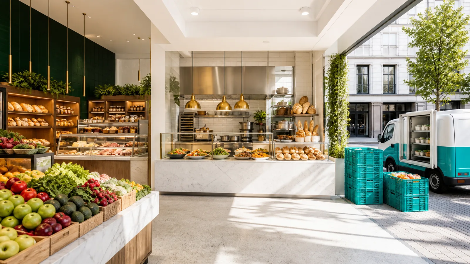 A bright premium grocery interior flows from produce and bakery displays through a ready-meal counter to delivery crates and a refrigerated van