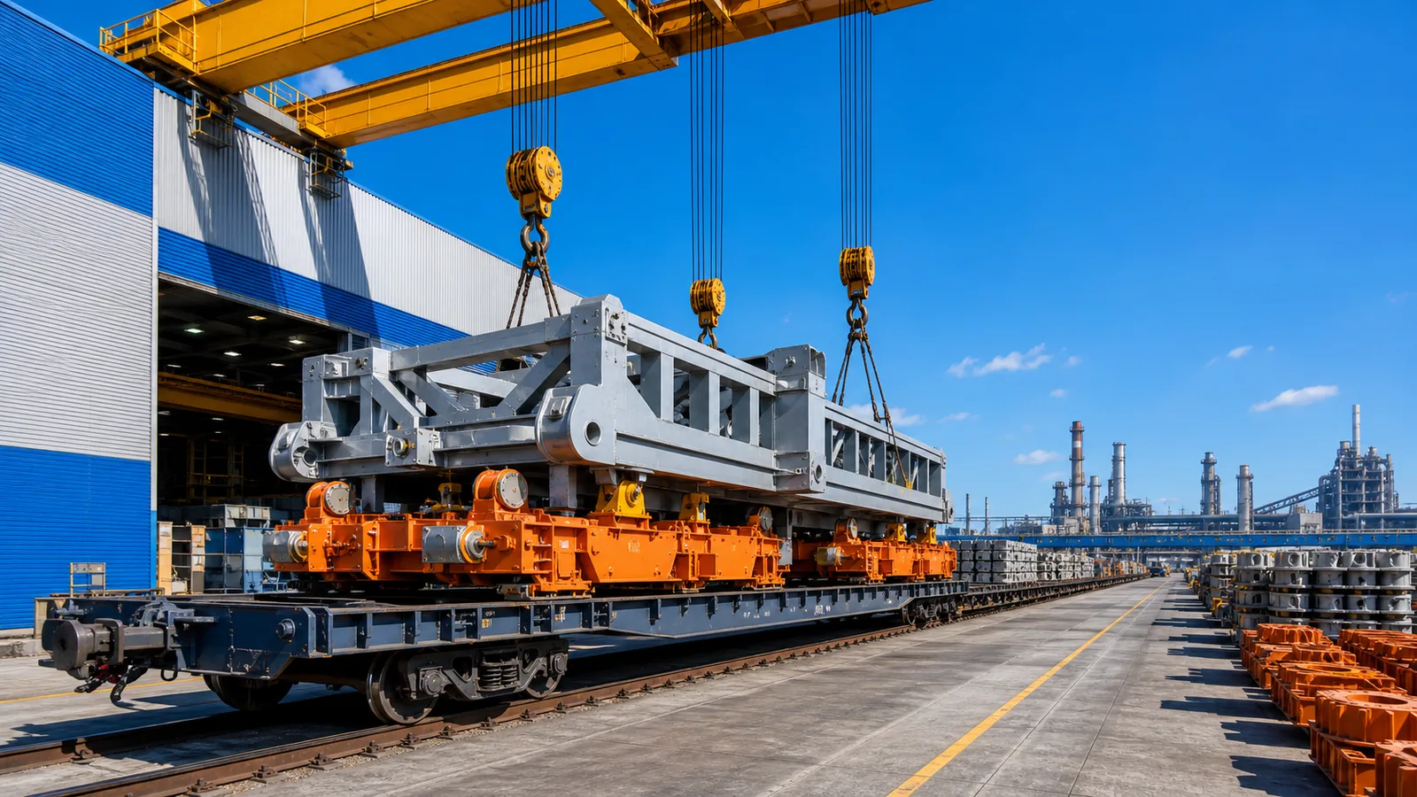 A bright gantry crane lowers a large steel lifting assembly onto a rail flatcar beside a modern industrial hall