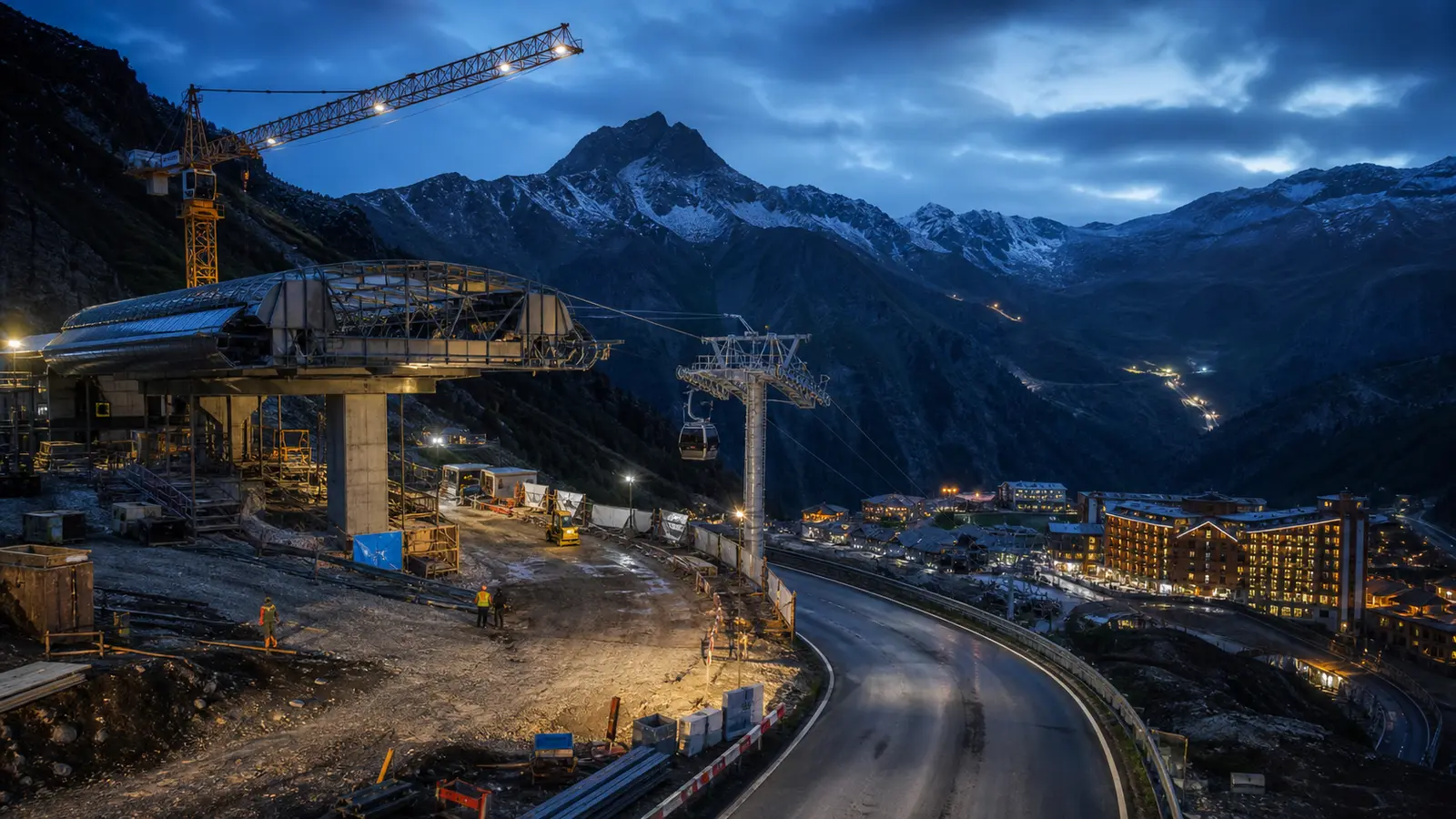 Mountain tourism corridor combines a cableway access road hotel and utility infrastructure in the North Caucasus