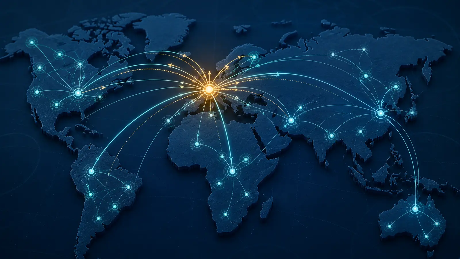 Global map showing an open-source business software ecosystem expanding through connected partner and customer hubs