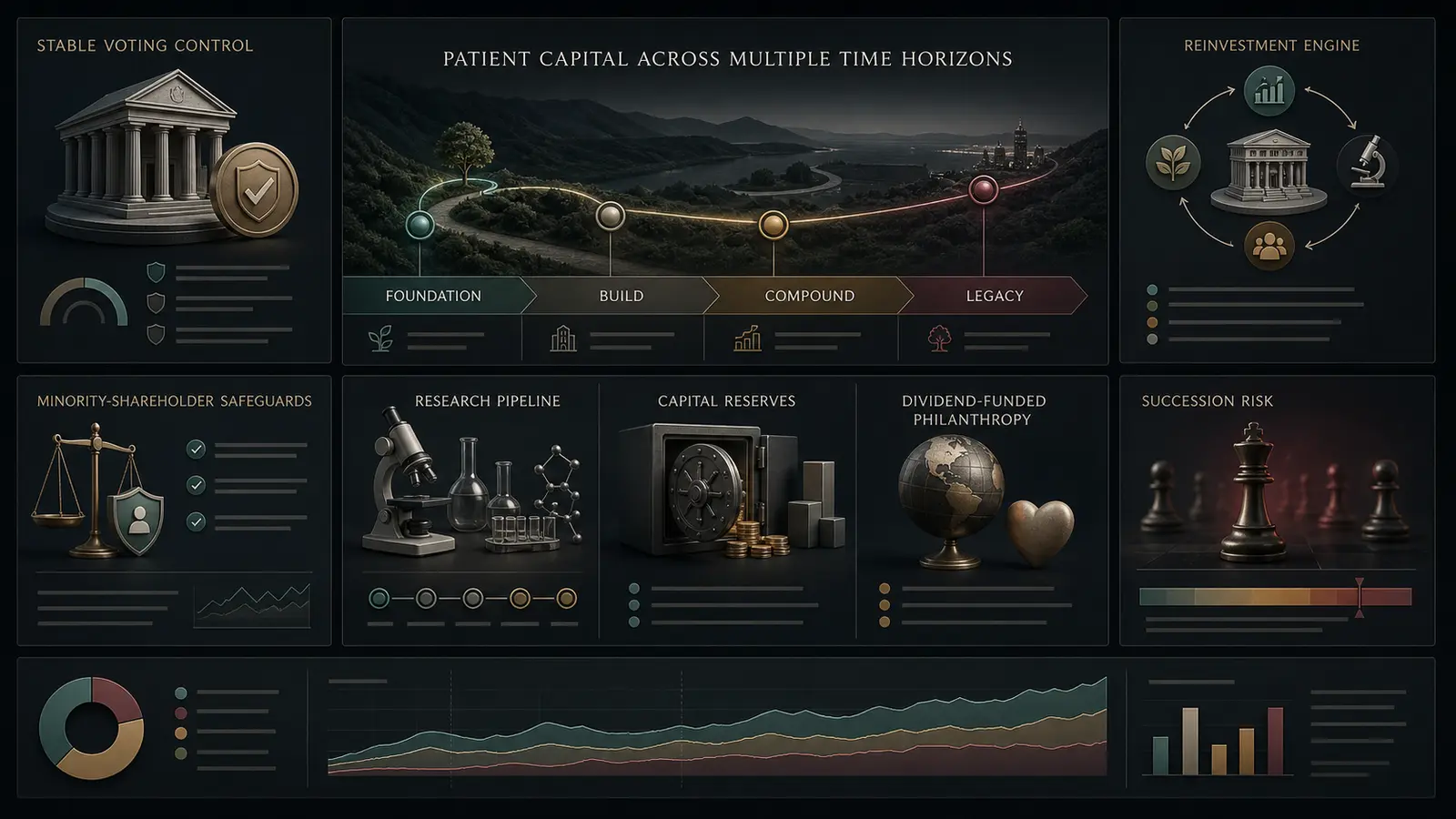 Patient-capital governance dashboard balancing stable voting control reinvestment research reserves minority protection philanthropy and succession risk across long time horizons