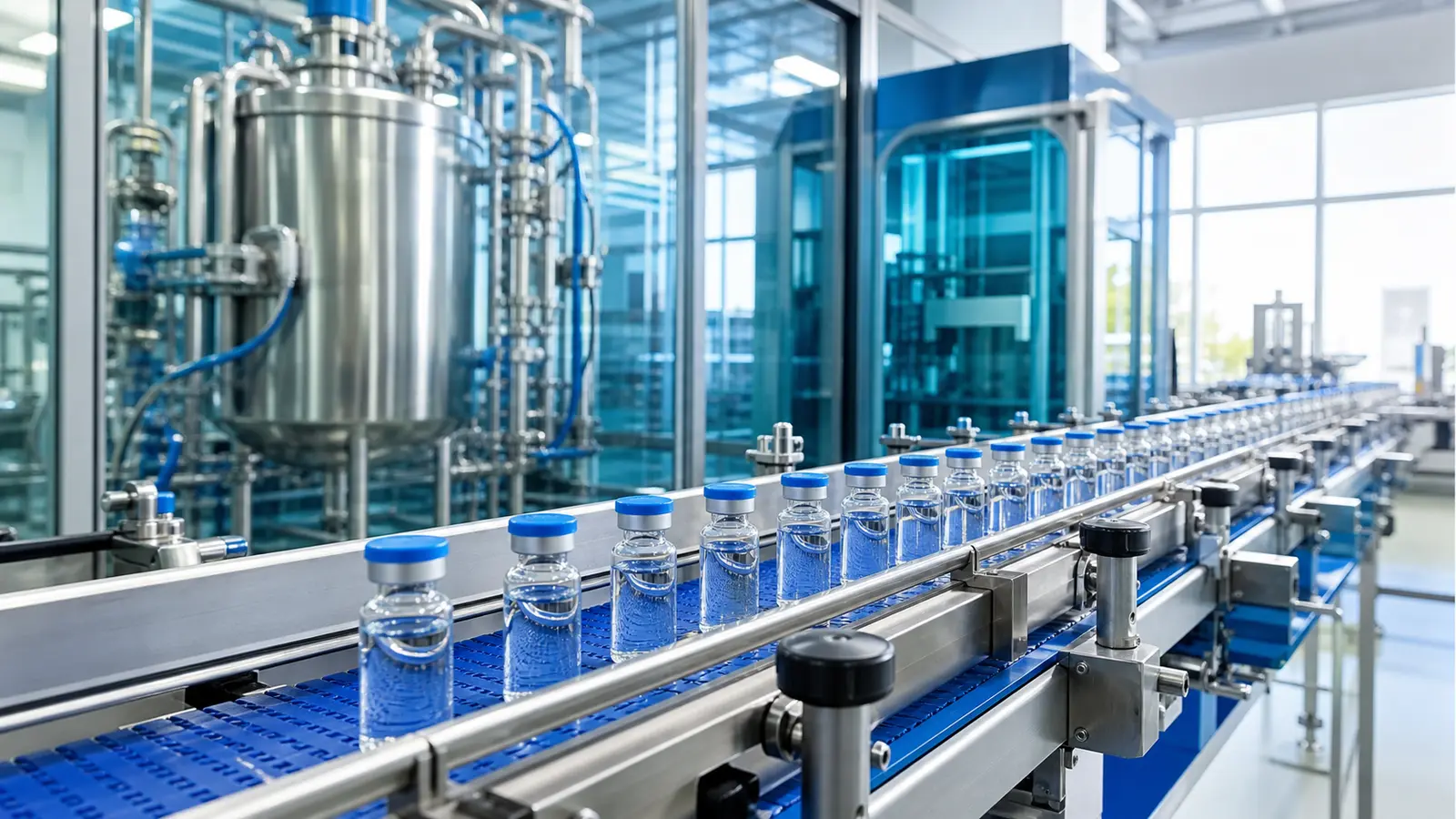 A daylight vaccine plant shows a stainless steel bioreactor beside a diagonal filling line of unbranded vials