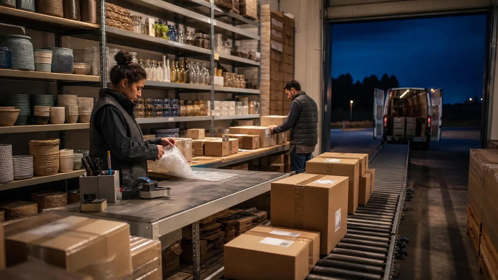 Workers at a compact regional warehouse check pack and dispatch parcels for evening delivery