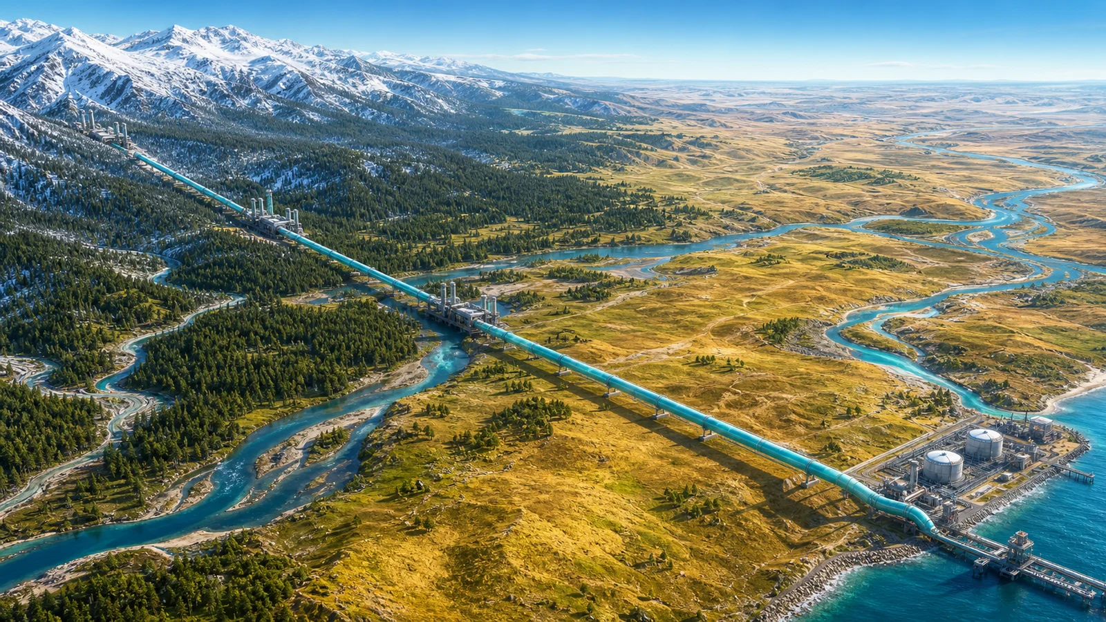 A long turquoise gas pipeline crosses a sunny Siberian landscape from mountains to an industrial terminal