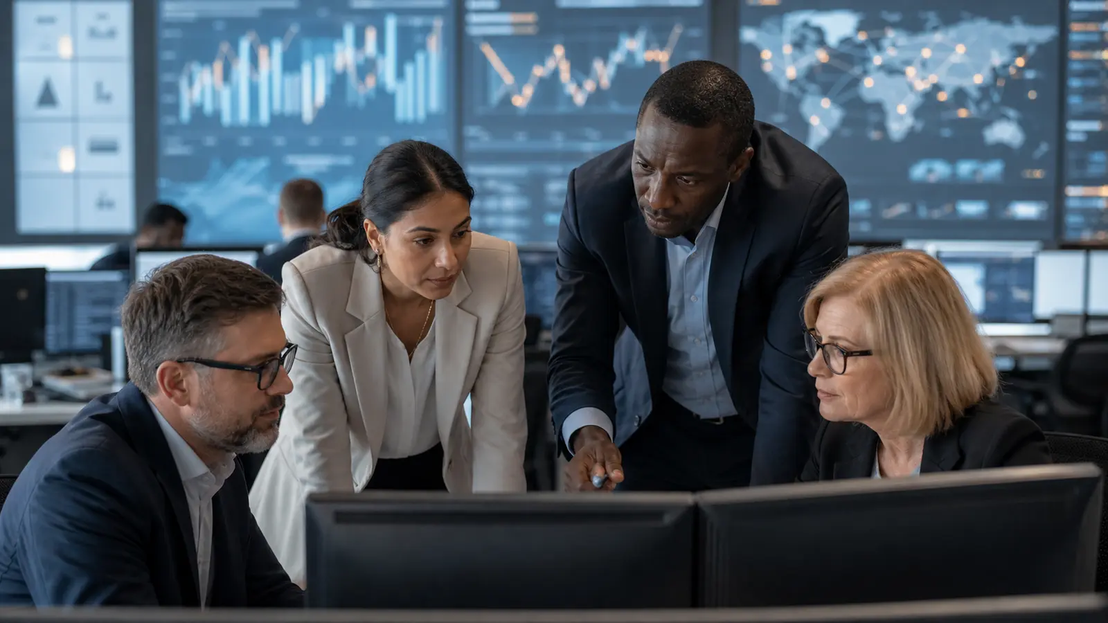 Procurement leaders reviewing supplier risk, logistics and cost indicators in a modern operations room