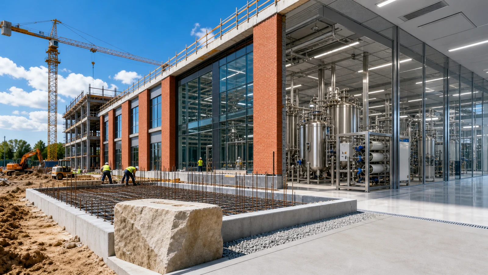 A bright red-brick pharmaceutical complex under construction opens into glass clean rooms with stainless-steel reactors