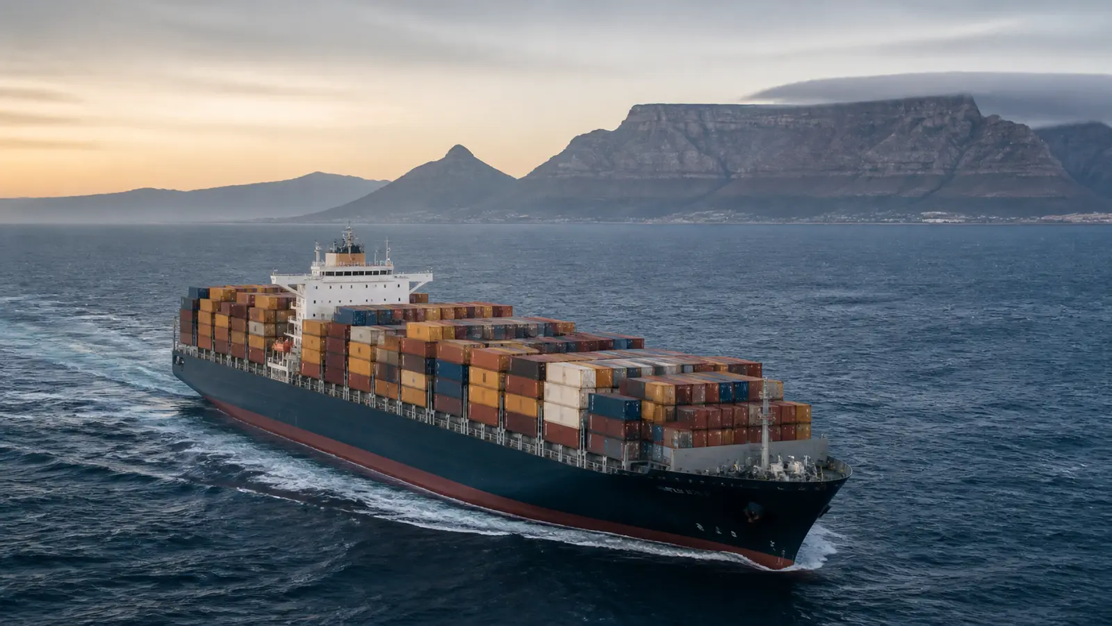 Container ship sailing near southern Africa after rerouting away from the Red Sea and Suez Canal