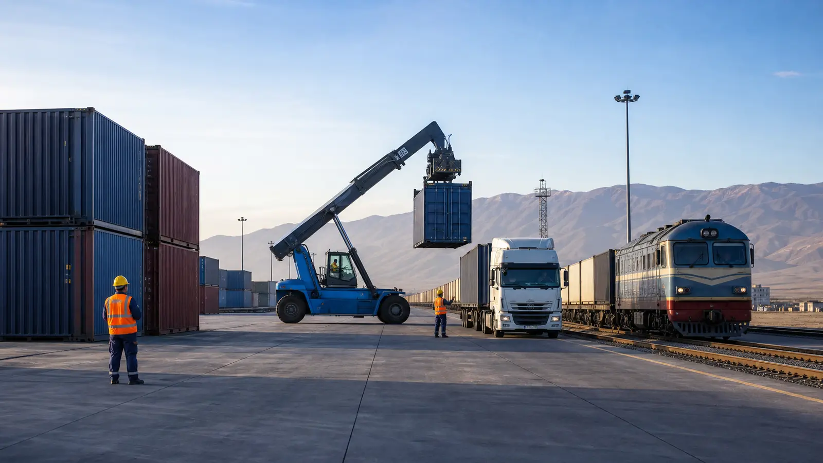 Freight containers moving through a modern regional logistics hub