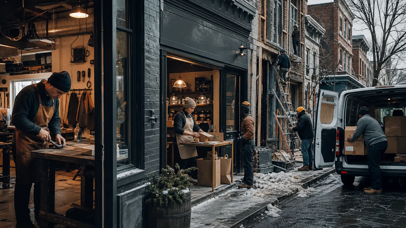 Regional entrepreneurs work simultaneously in a workshop storefront delivery operation and commercial renovation