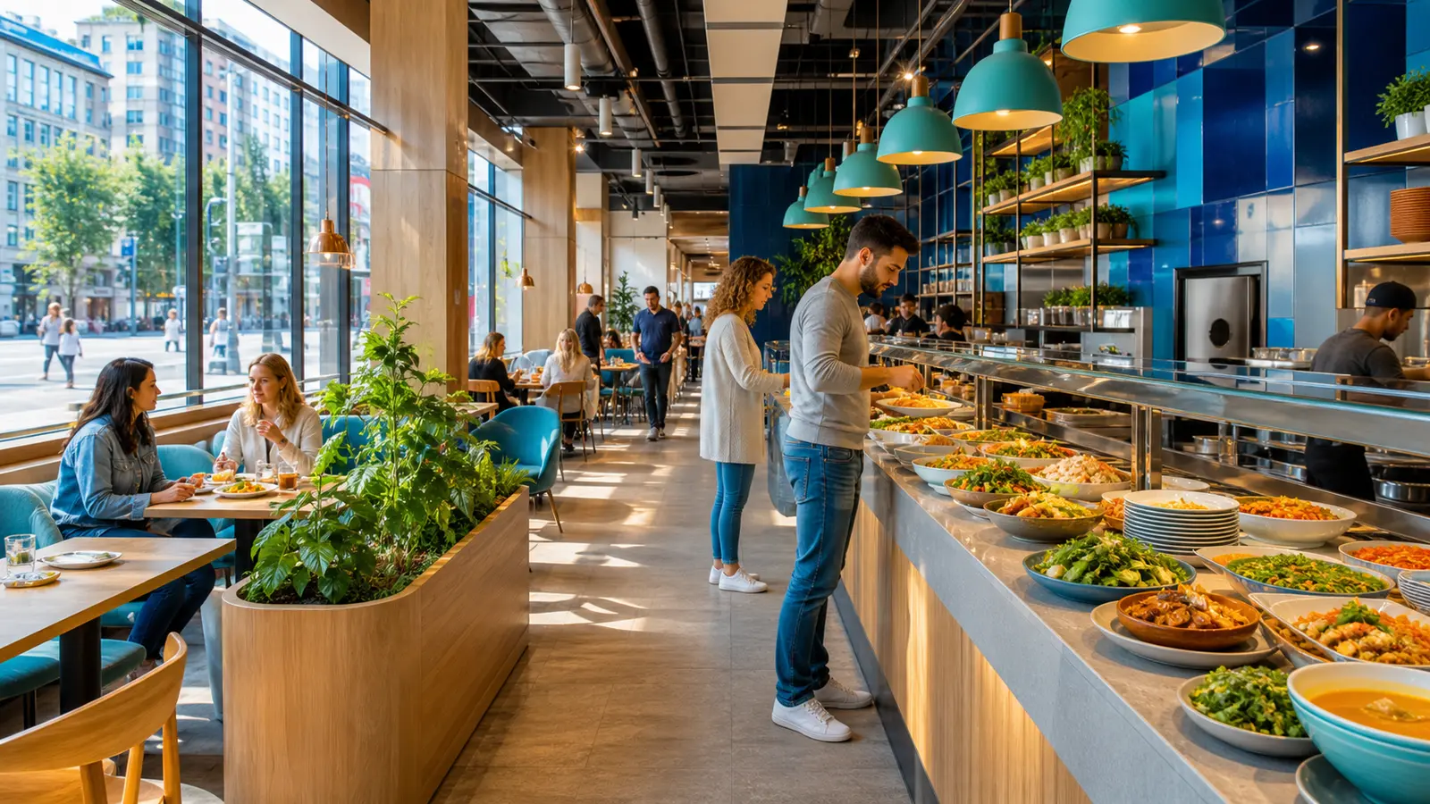 Bright modern self-service restaurant with fresh food and an efficient customer flow