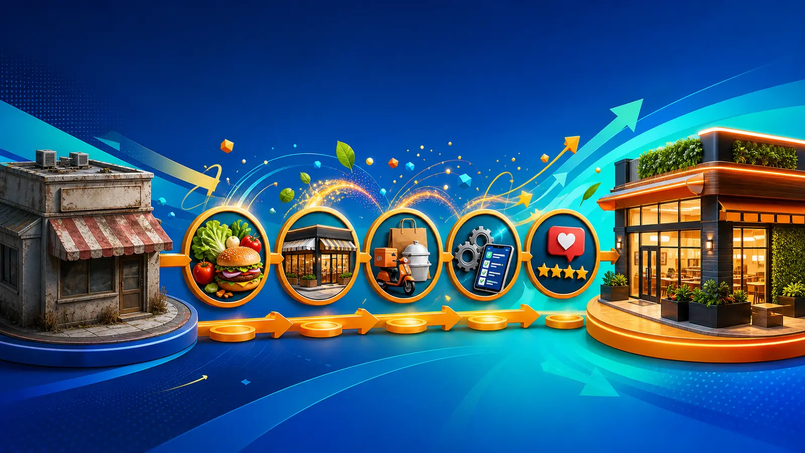 Colorful restaurant turnaround blueprint connecting food, stores, delivery, operations and feedback