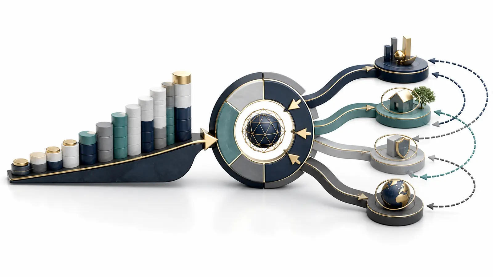 Pension accumulation entering a retirement transition and branching into adaptable income pathways