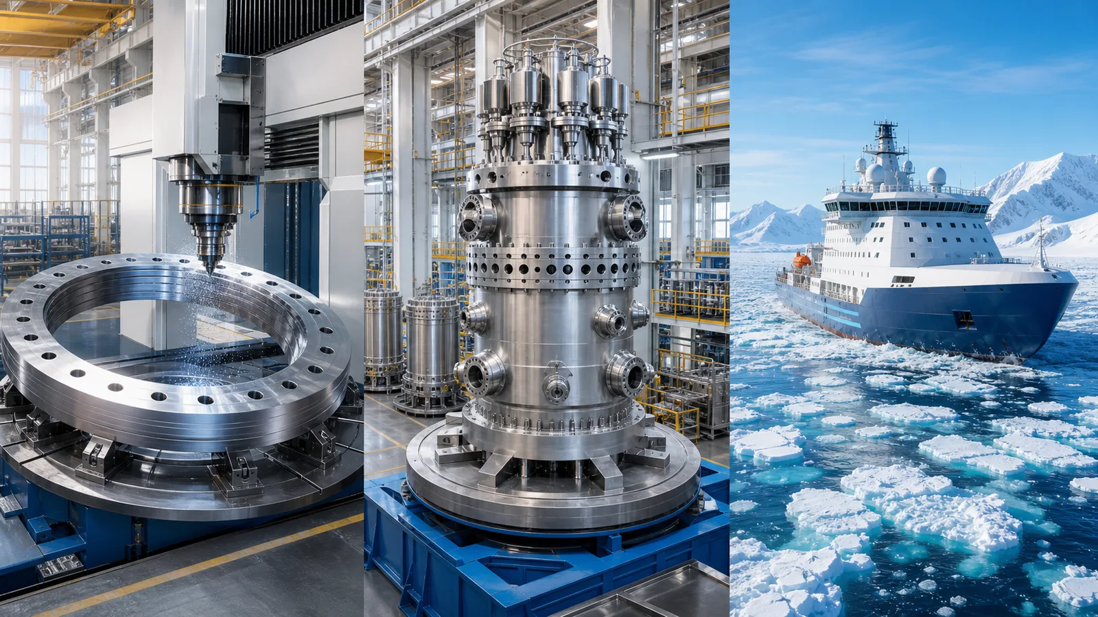 A bright three-stage scene shows flange machining a compact steel reactor vessel and an unbranded icebreaker in Arctic water