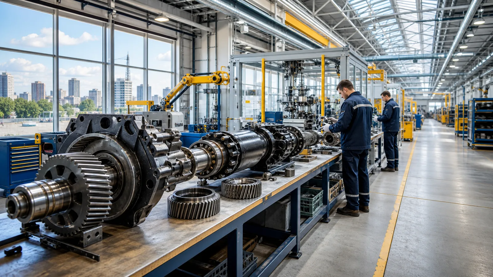A bright transmission factory shows tractor gears shafts and a heavy axle along a long assembly bench