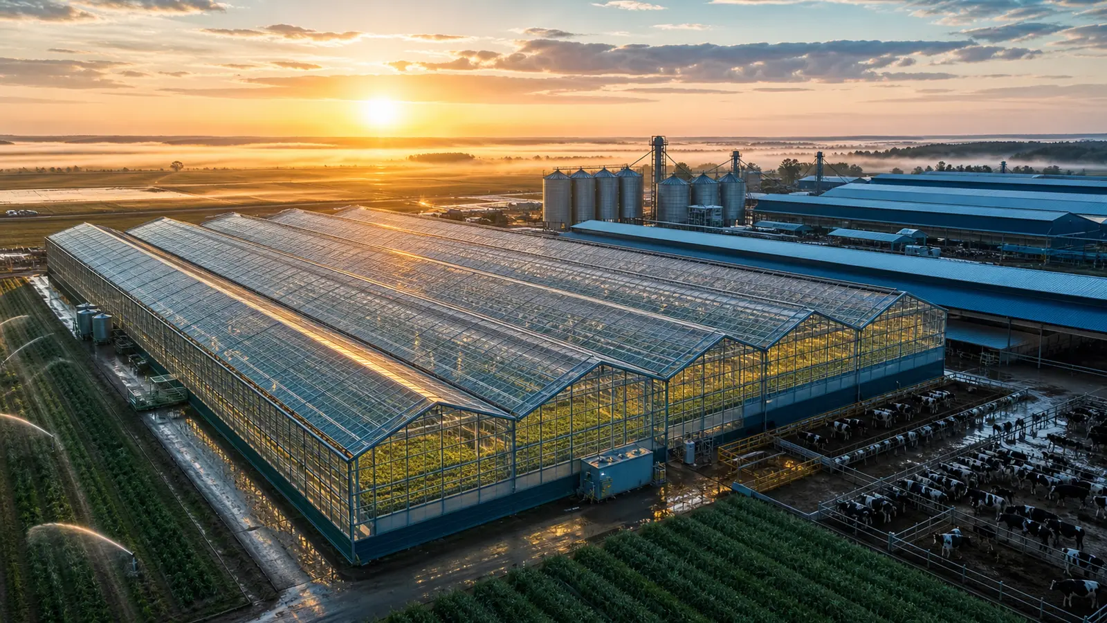 Large greenhouse and dairy complex integrated with fields and grain infrastructure at sunrise