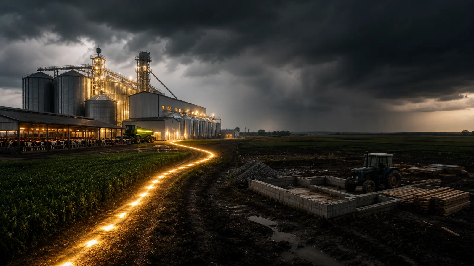 Illuminated large agricultural complex beside a smaller unfinished farm under a storm