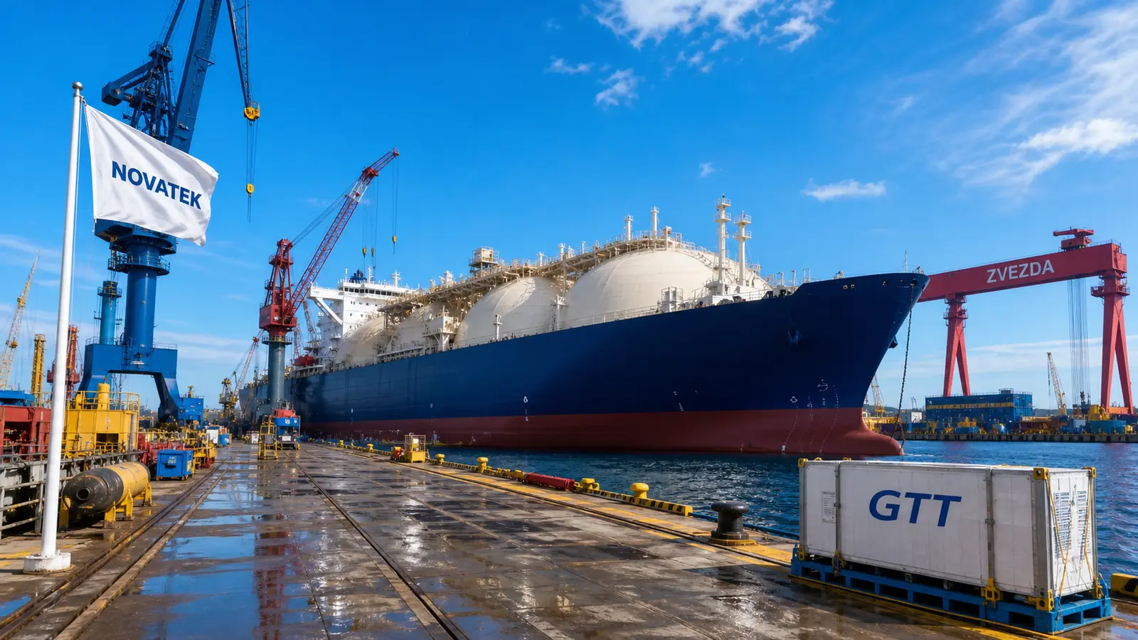 Bright Arctic shipyard with an LNG carrier and separate NOVATEK, ZVEZDA and GTT brand elements