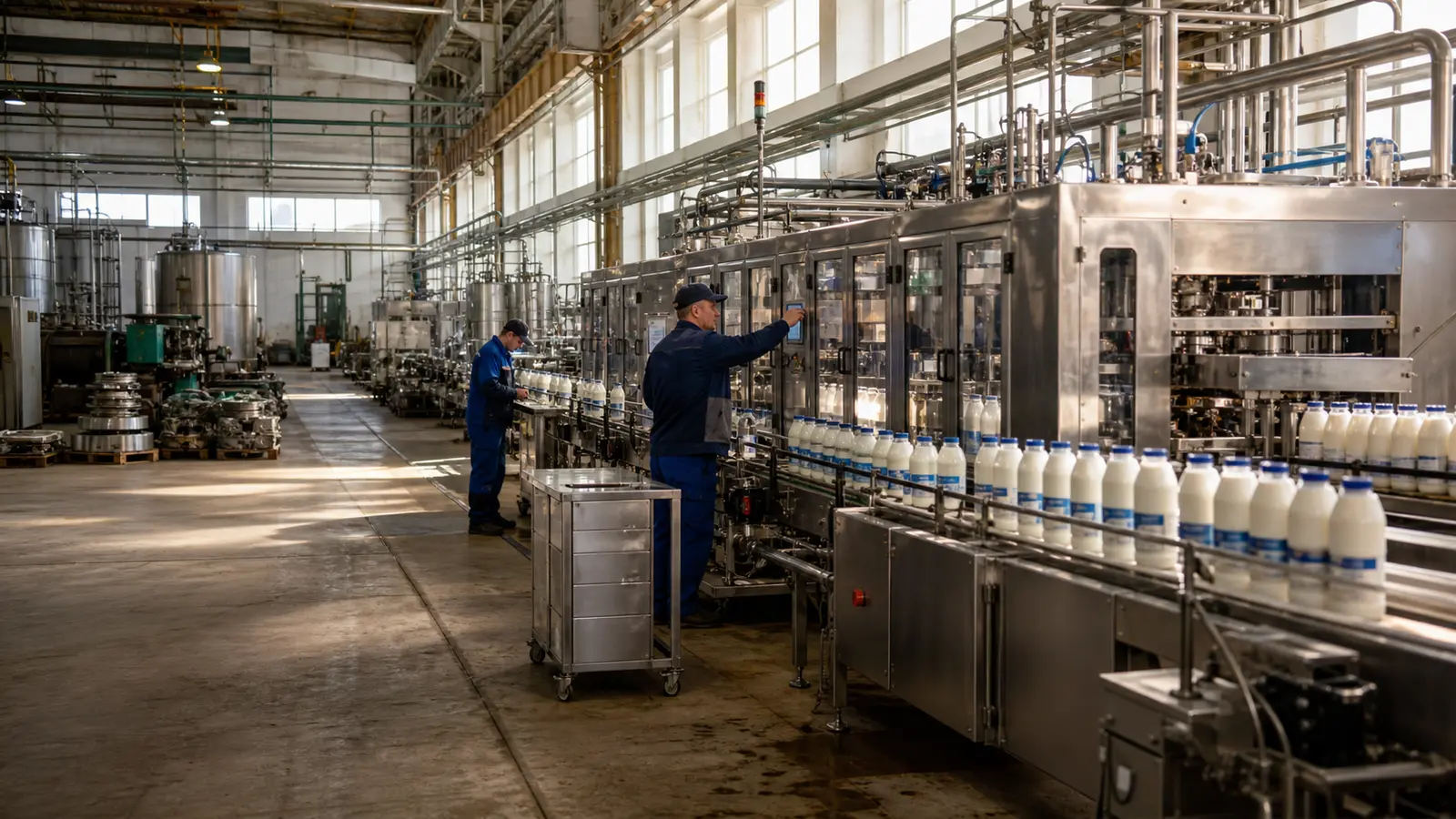 Sunlit dairy bottling factory where an older production area gives way to a modern operating line