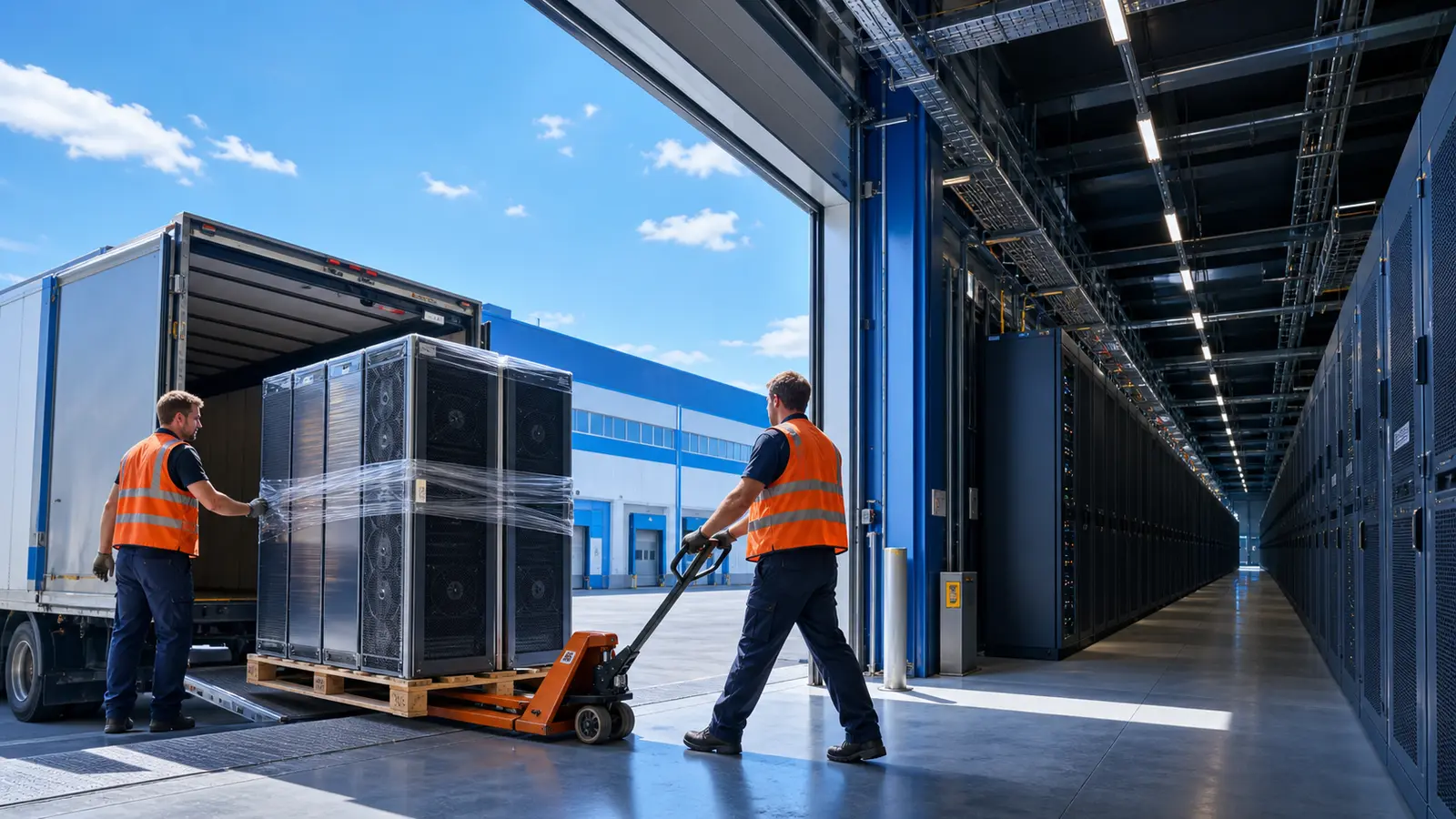 Server cabinets and cooling equipment being unloaded into a sunlit Russian data center