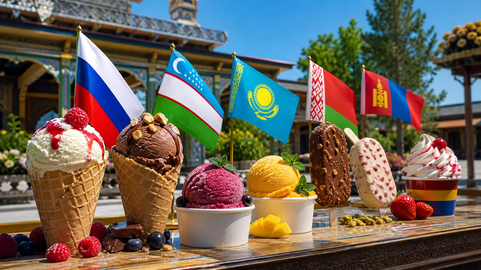 Colorful ice cream assortment in bright daylight with the flags of Russia and four export markets