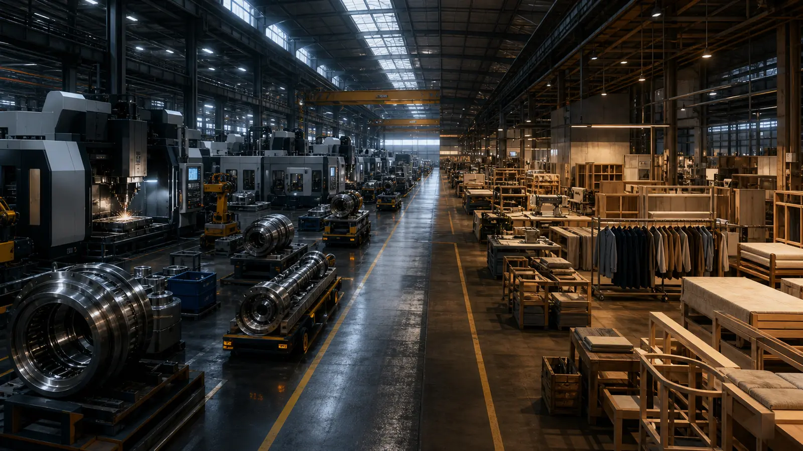 Heavy engineering production contrasts with quieter consumer goods workshops