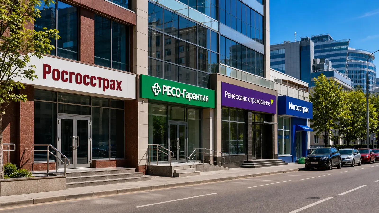 Bright Russian business street with offices of four major insurance companies