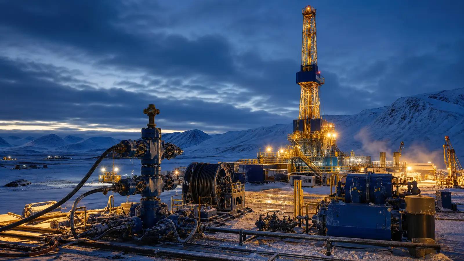 Advanced well-service equipment operating at an illuminated Arctic drilling site