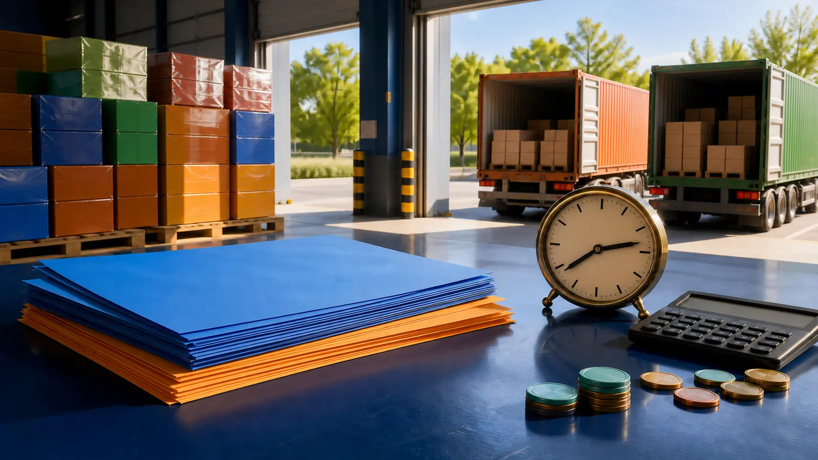 Blank invoice files, a clock and paused cargo trucks in a bright industrial dispatch area
