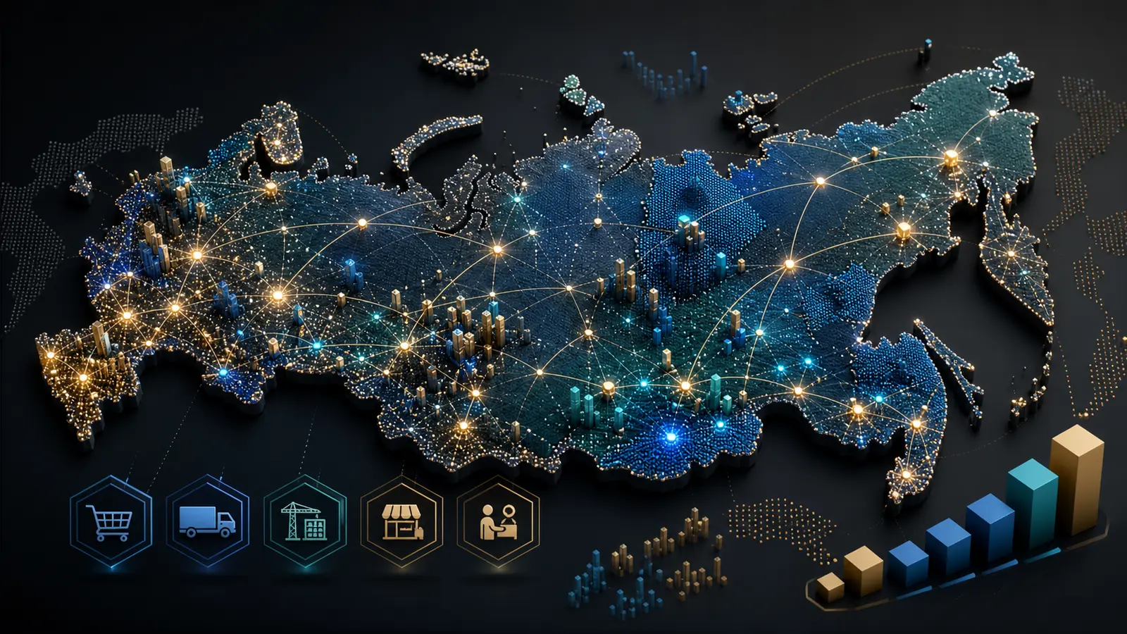 Relief map shows different densities of small enterprises and business links among Russian regions