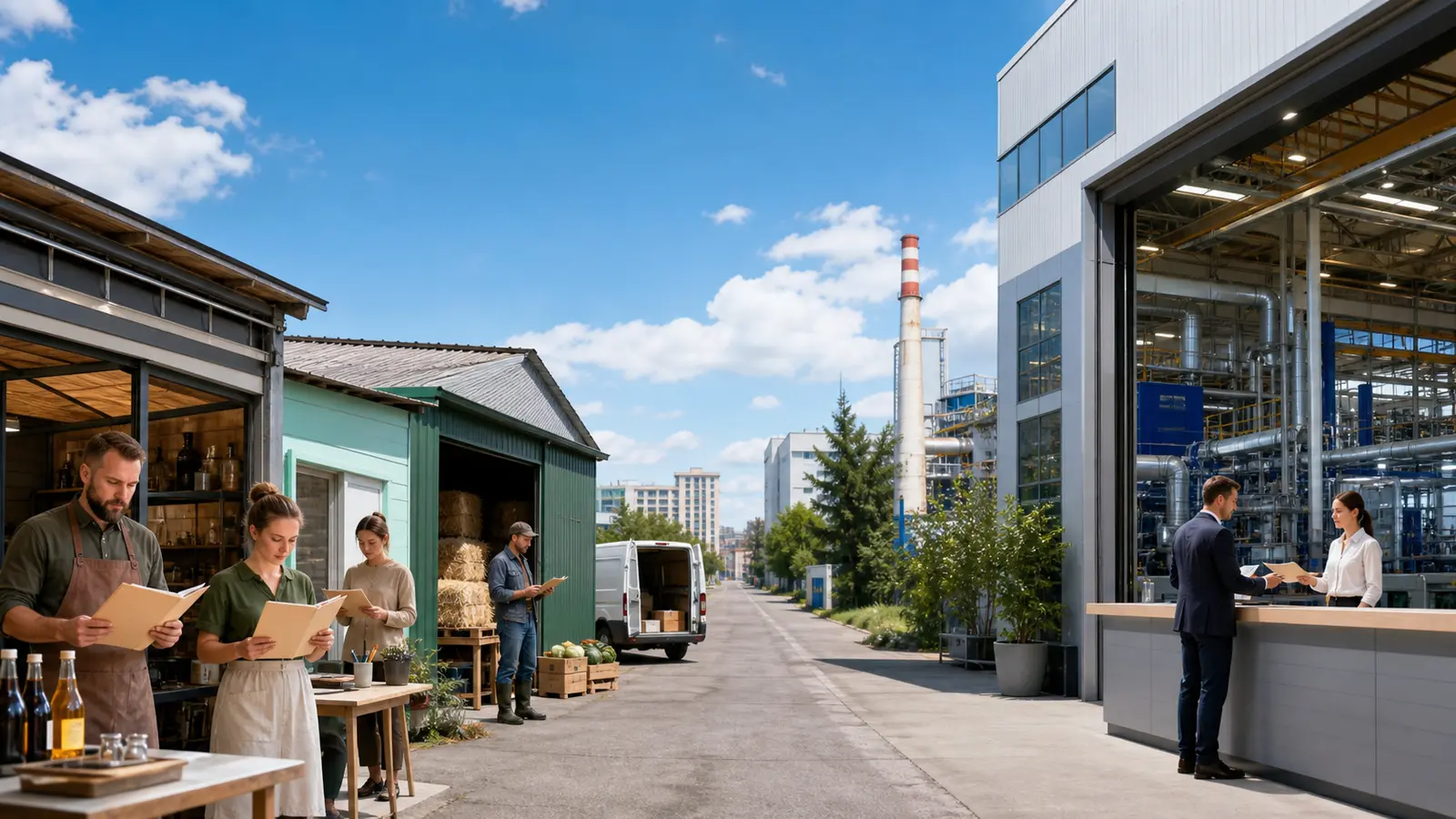 Sunlit panorama contrasting small Russian workshops with a large industrial borrower