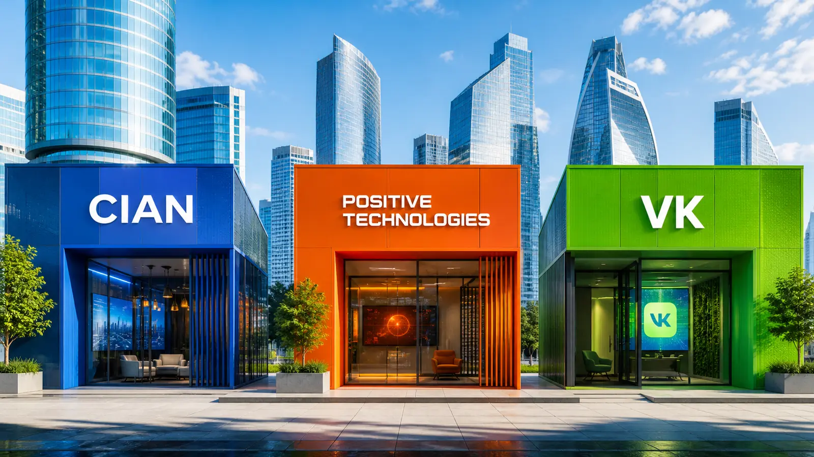 Three separate sunlit pavilions for Cian, Positive Technologies and VK in a modern business district