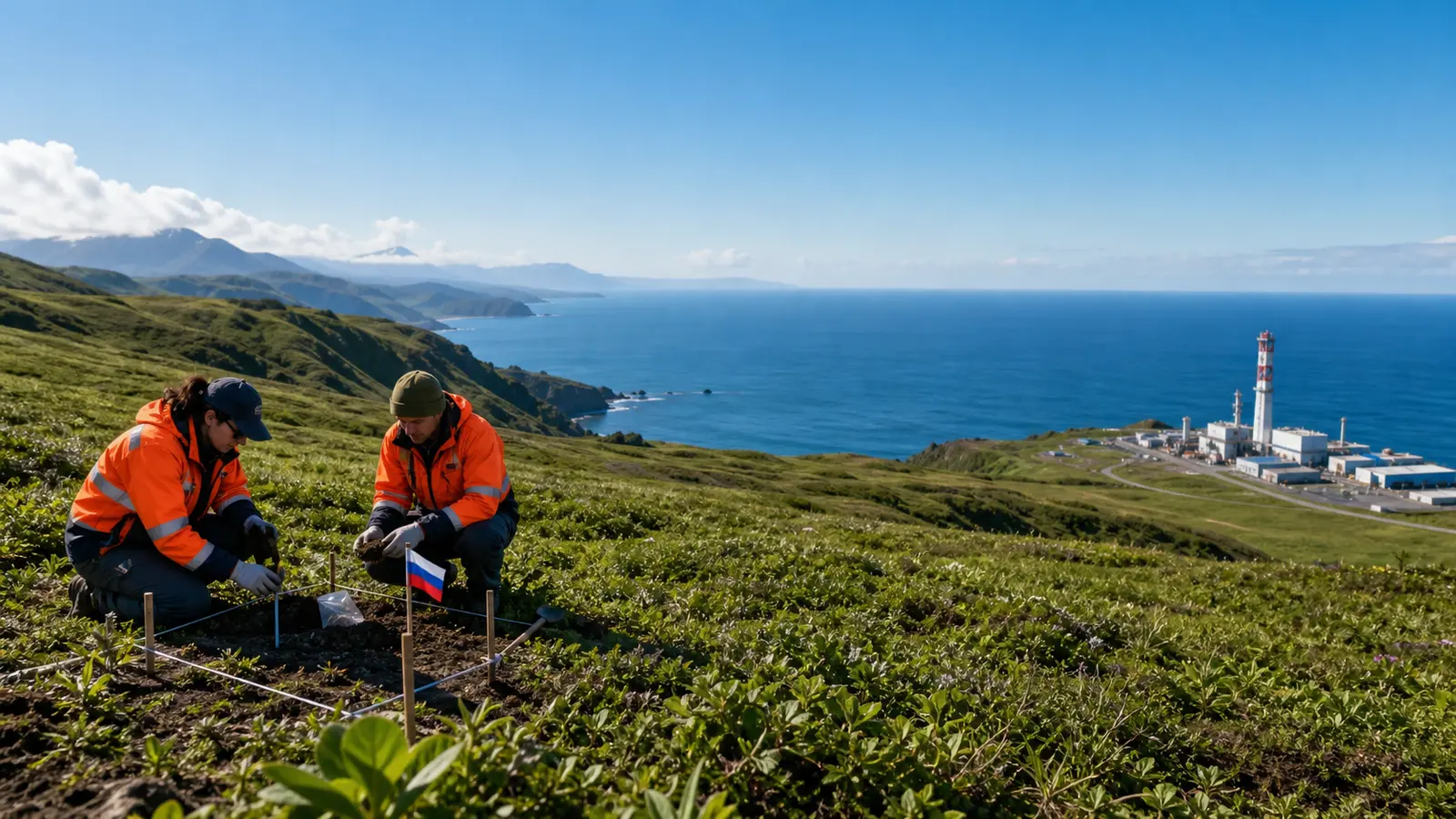 Technicians sampling soil on a bright Sakhalin coast with clean industry in the distance