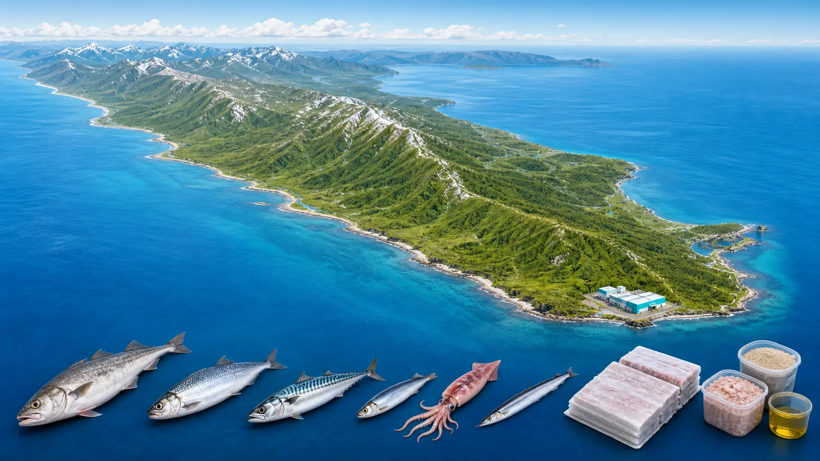 A bright oblique map of southern Sakhalin shows a coastal processing plant and a sequence of fish squid frozen fillets and by-products