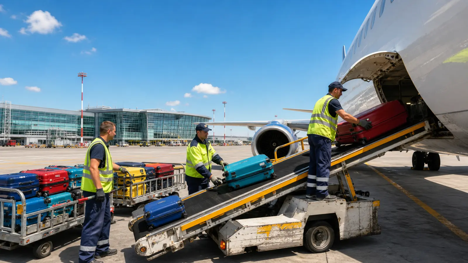 Airport workers load vivid suitcases along an inclined conveyor into an aircraft on a sunny apron