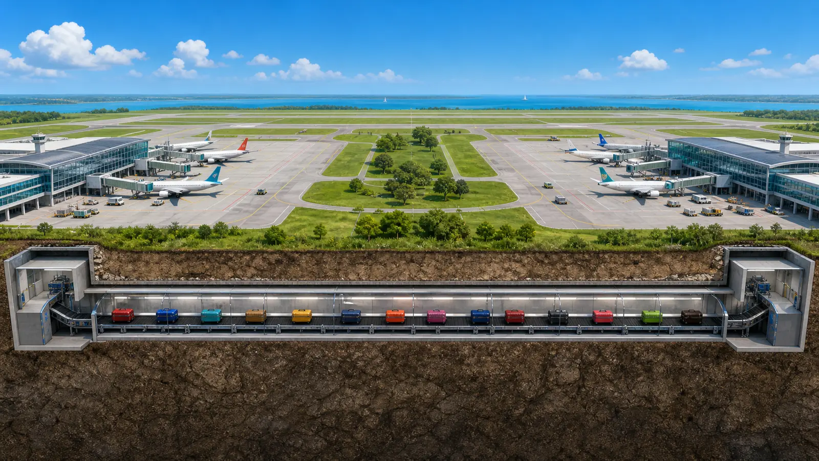 A sunlit view of two airport terminal groups and a straight underground conveyor corridor carrying colorful suitcases
