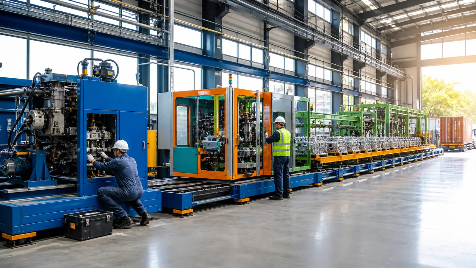 Sunlit manufacturing line progressing from equipment maintenance through automation to finished output