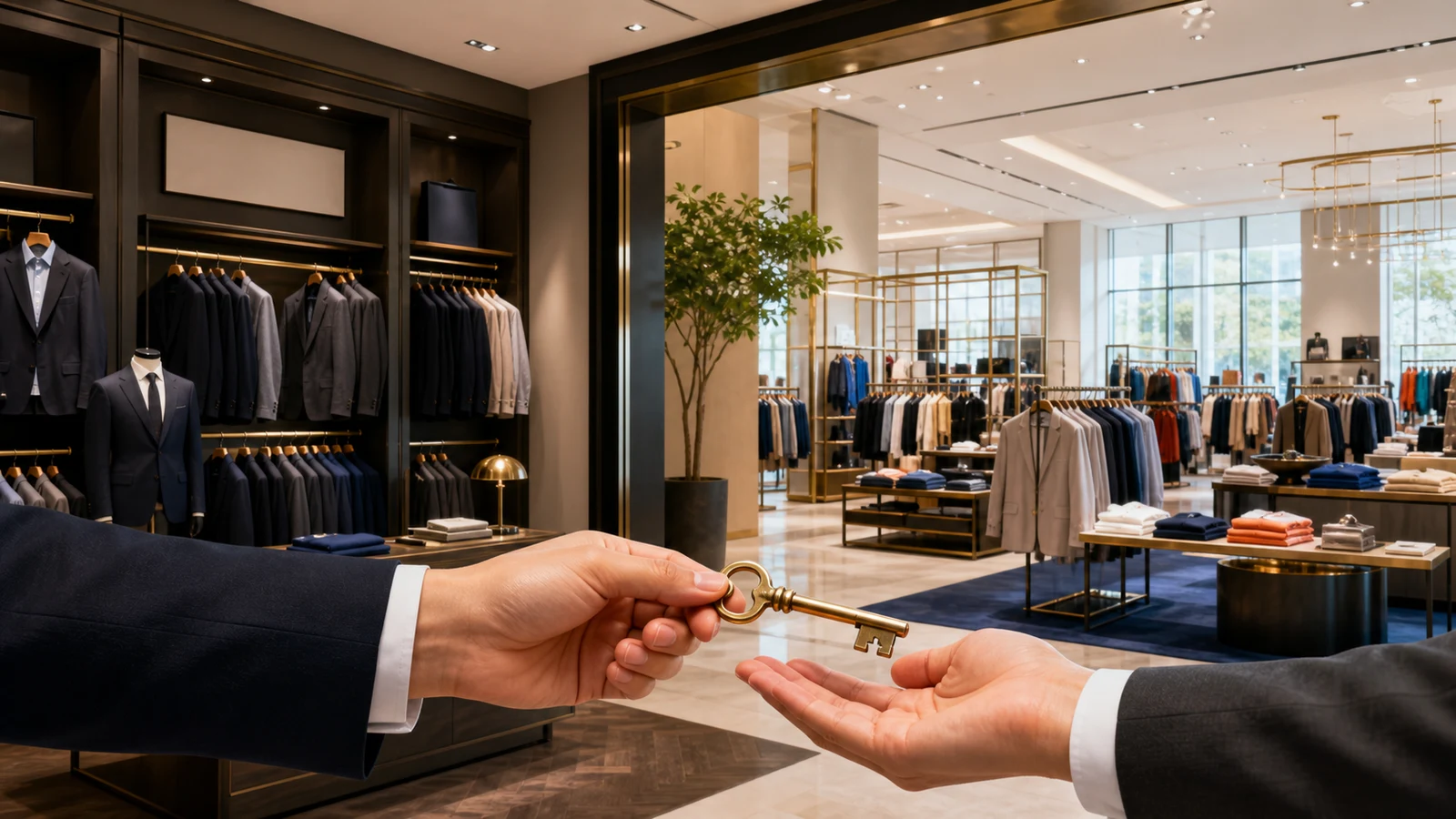 A brass retail key passes between two cropped hands as a dark single-brand menswear boutique opens into a bright multibrand department store