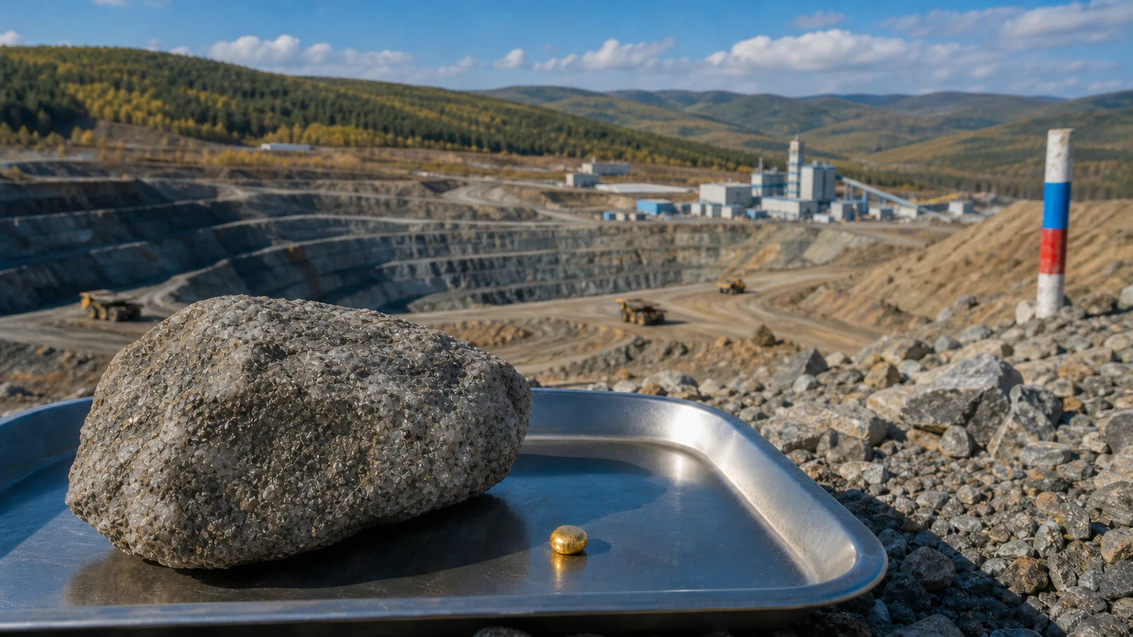 Realistic mineralized ore and a small gold bead rest on an assay tray above a bright Siberian open pit and processing plant