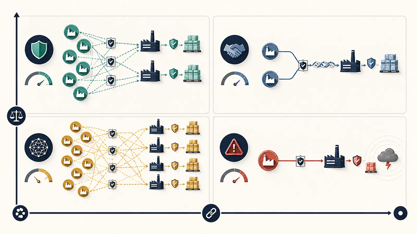 Four-quadrant strategy matrix contrasting flexible supplier networks deep partnerships excessive complexity and dangerous concentration